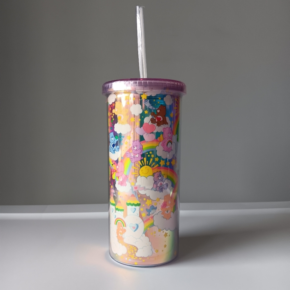 NEW Care Bears 20oz Travel Tumbler Lid Straw Metallic Care-A-Lot Castle Silver